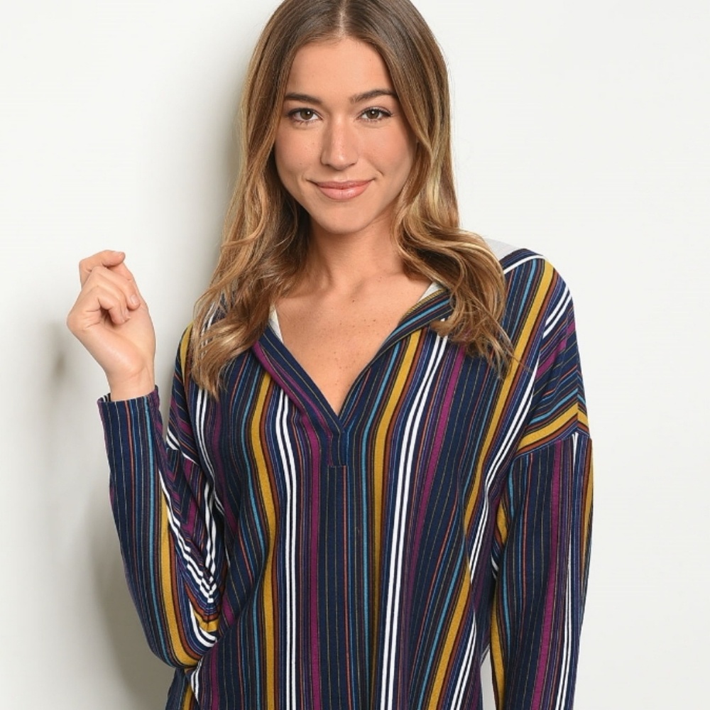 Navy Striped V-Neck Top With Hood!